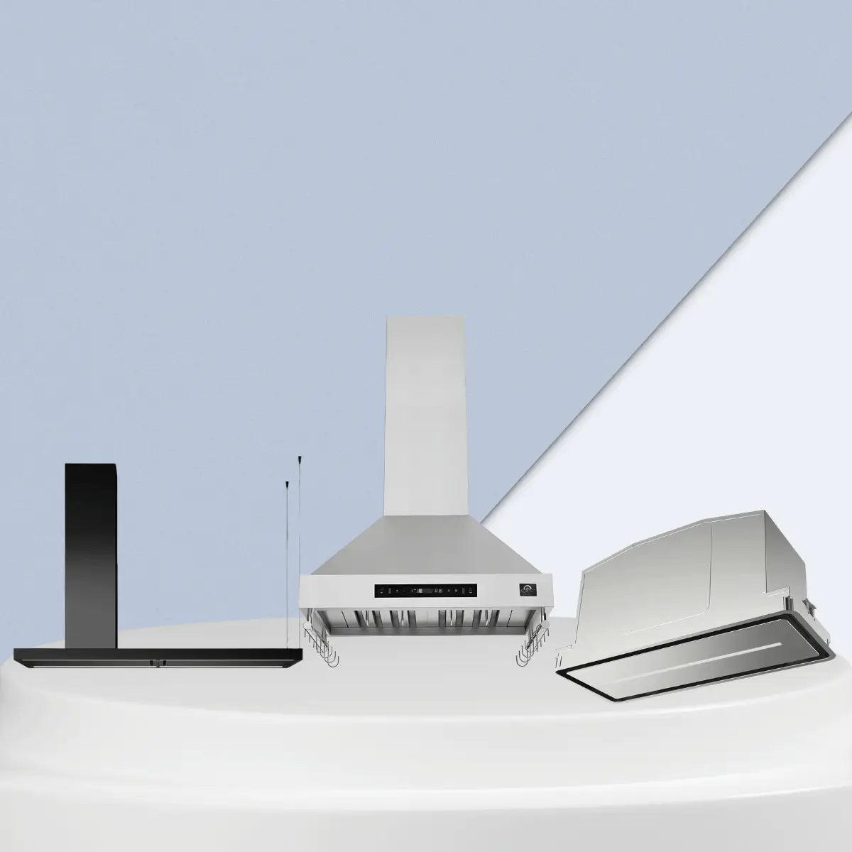 Range hoods collection featuring wall mount chimney, under cabinet, and built-in ceiling hood designs in black and stainless steel finishes