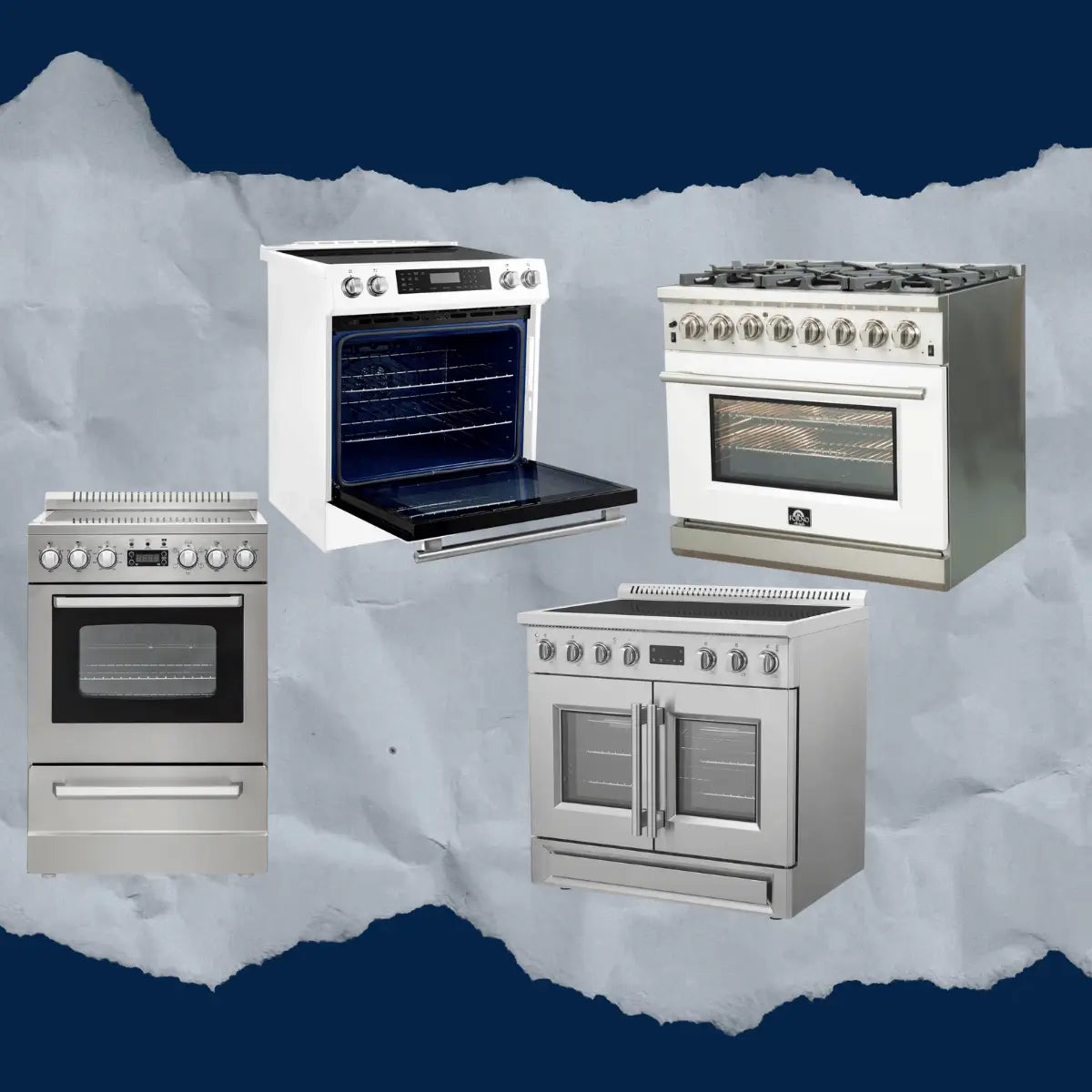 Ranges collection featuring stainless steel and white freestanding kitchen ranges with gas cooktops, electric ovens, and double oven configurations.