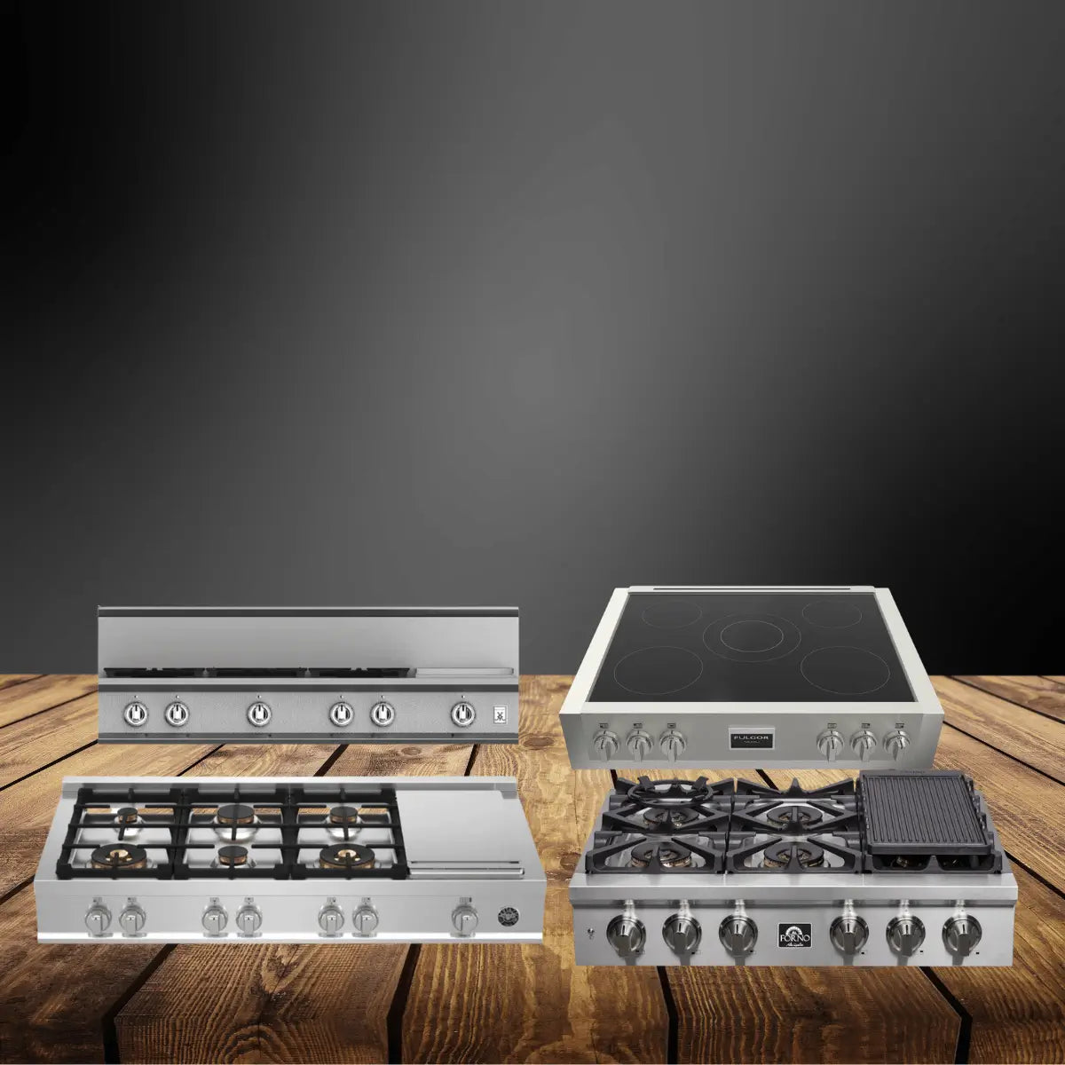 Rangetops collection featuring gas and electric cooktops with stainless steel finishes, multiple burners, griddle options, and front control knobs, displayed on a wooden countertop with a dark background.