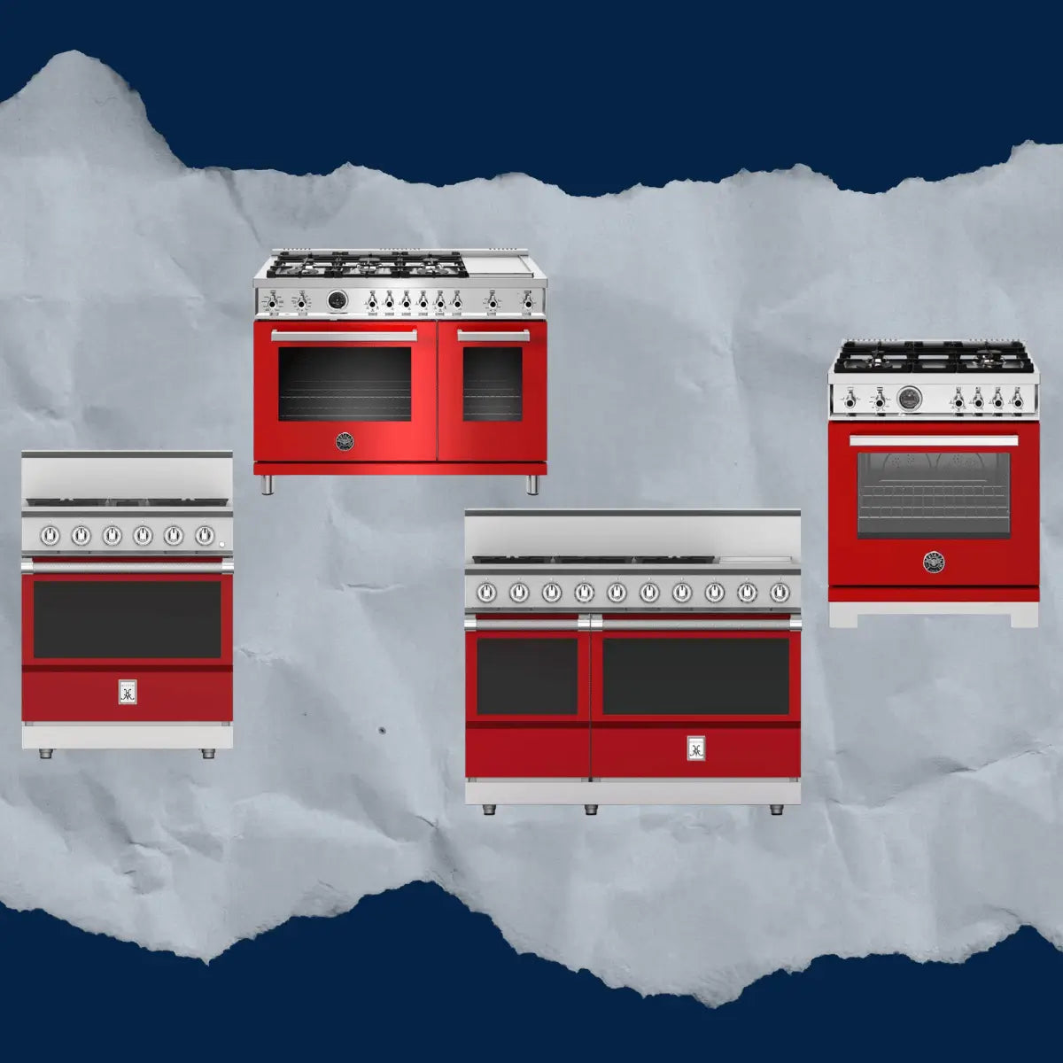 Red ranges collection featuring freestanding red kitchen ranges with stainless steel accents, gas cooktops, and single and double oven configurations for bold, statement-making kitchens.