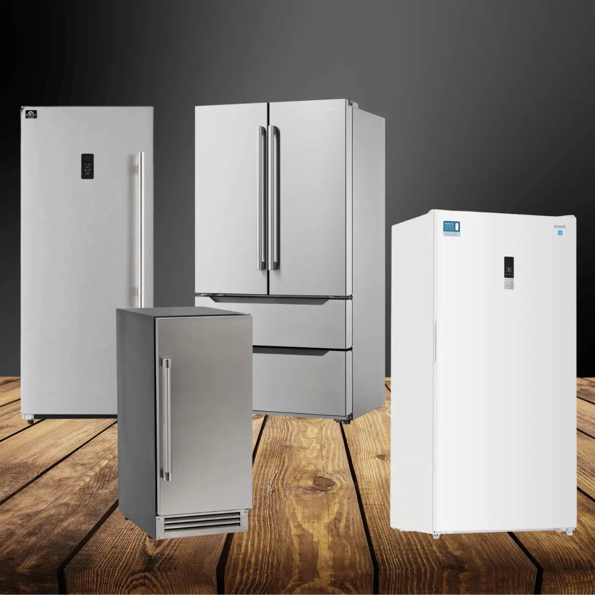 Refrigeration appliances collection featuring stainless steel and white refrigerators, including French door, upright, and compact units, displayed on a wooden surface with a modern dark background.