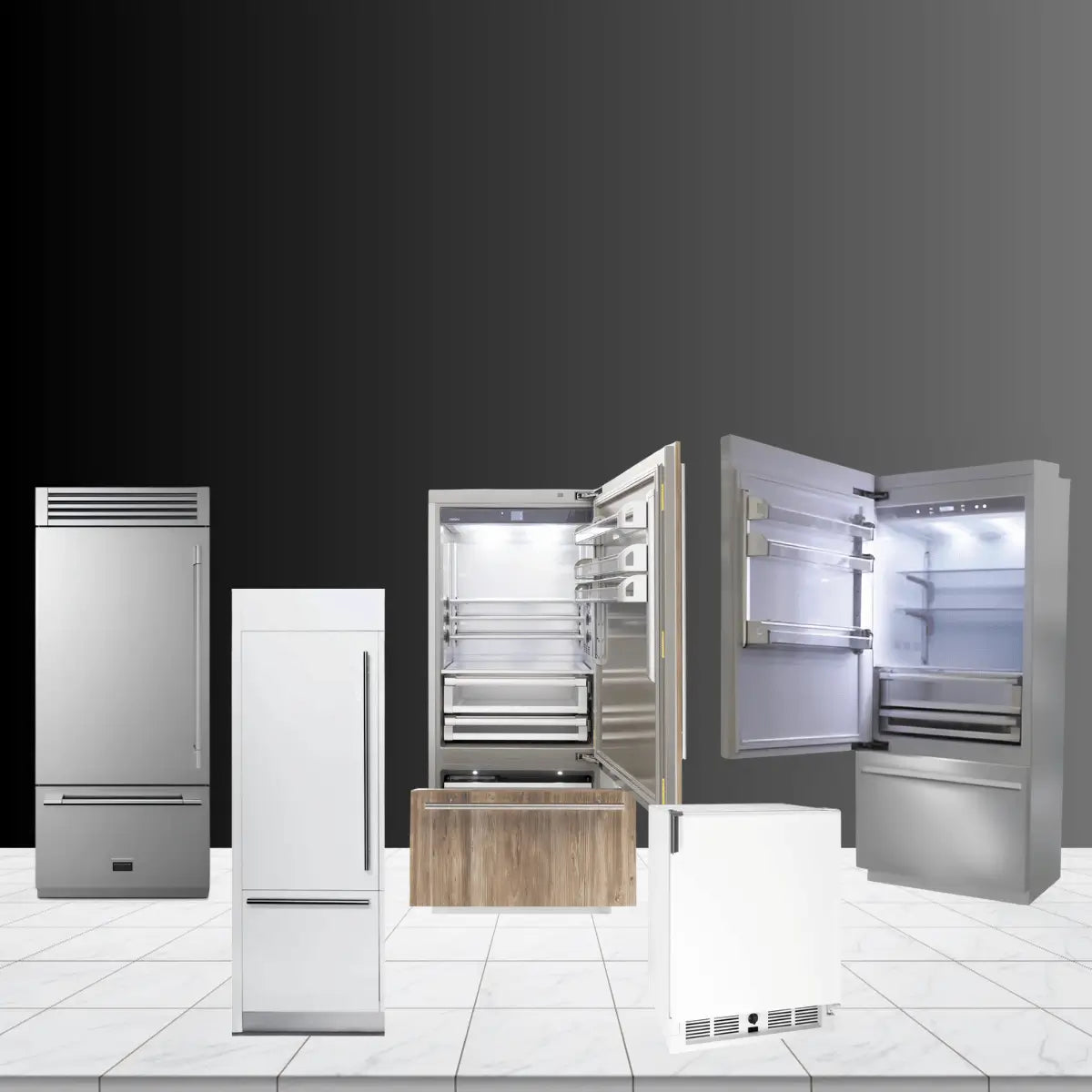 Premium refrigerator and ice maker collection featuring stainless steel French-door refrigerators, built-in units with LED interiors, and compact undercounter ice makers for modern kitchens.