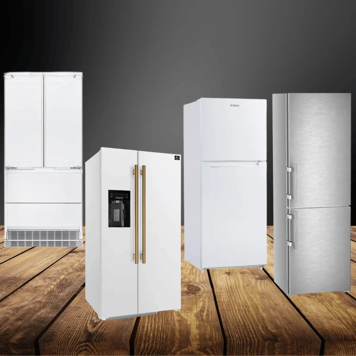 Refrigerators collection featuring French door, side-by-side, top-freezer, and bottom-freezer refrigerators in stainless steel and white finishes for modern kitchen appliances.