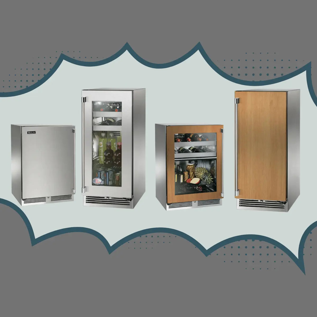Residential beverage centers collection featuring stainless steel, glass-door, and panel-ready compact drink refrigerators for kitchens and home bar installations.