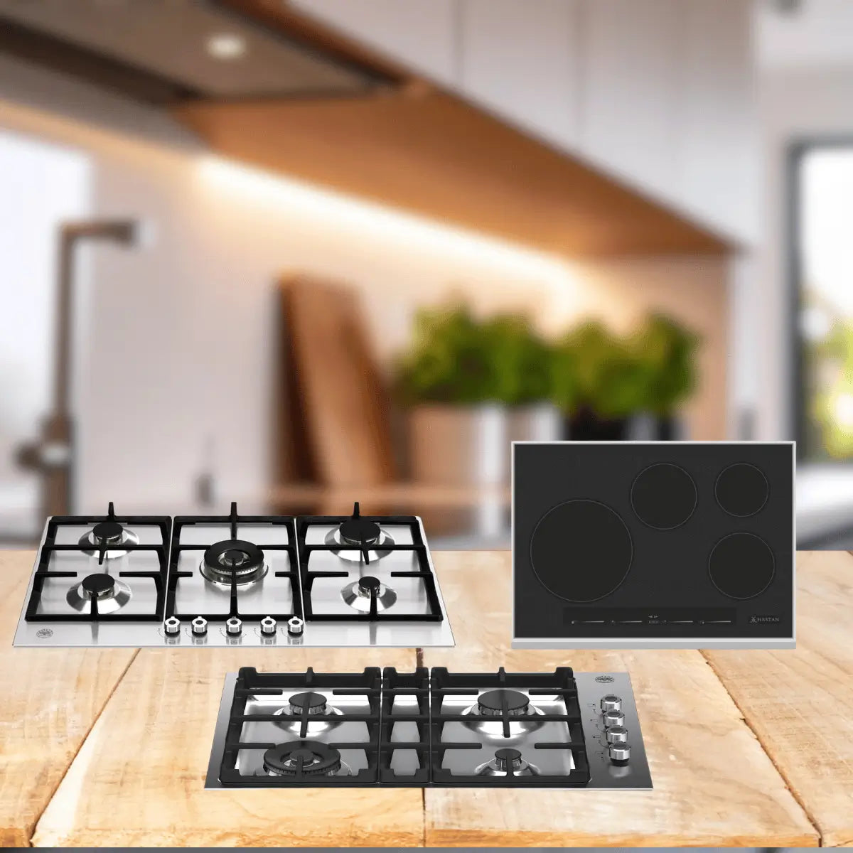 Residential cooktops collection featuring stainless steel gas cooktops with cast iron grates and modern glass induction cooktops for home kitchens