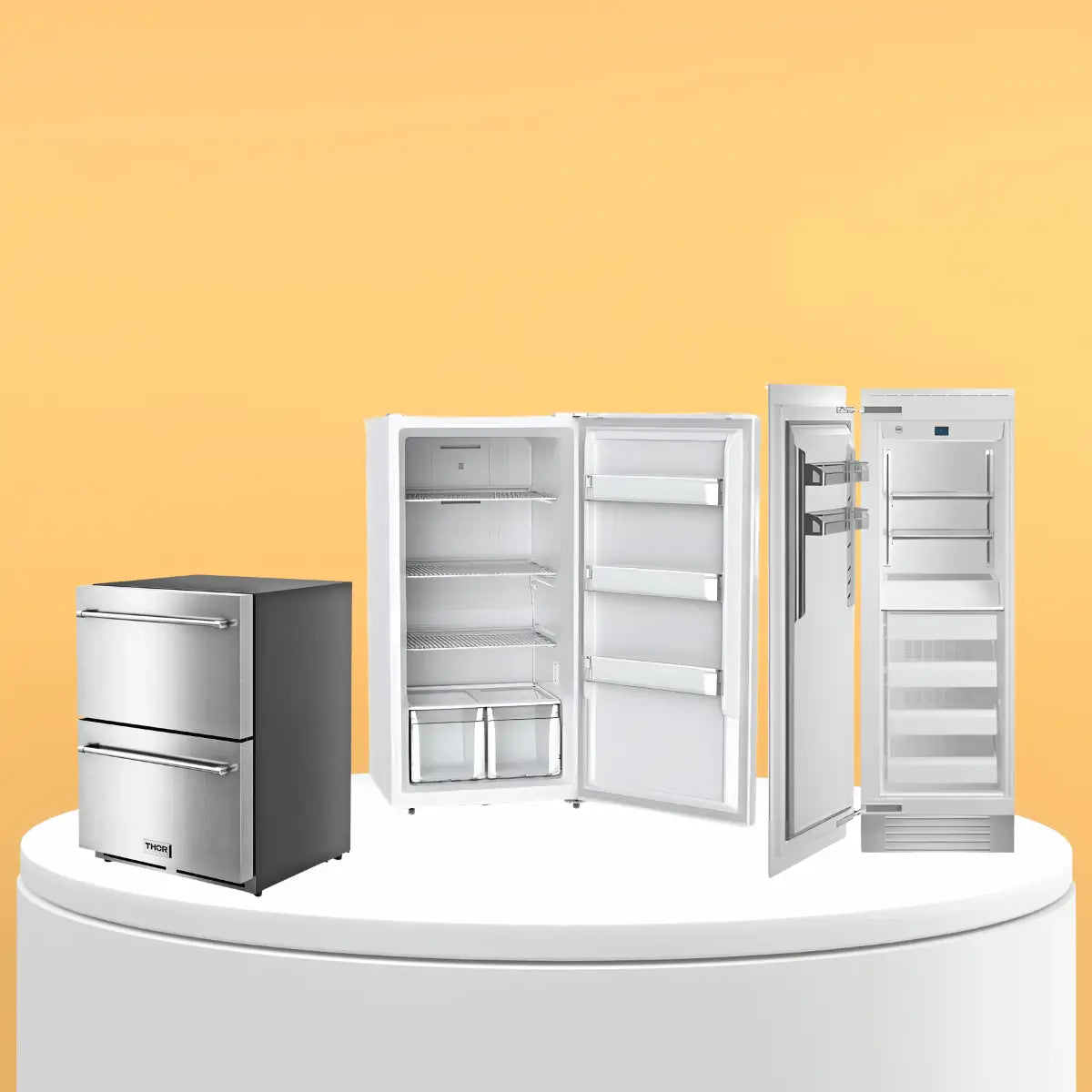 Residential freezers collection featuring stainless steel drawer freezers and upright freezers with adjustable shelves, door storage bins, and modern home kitchen design.