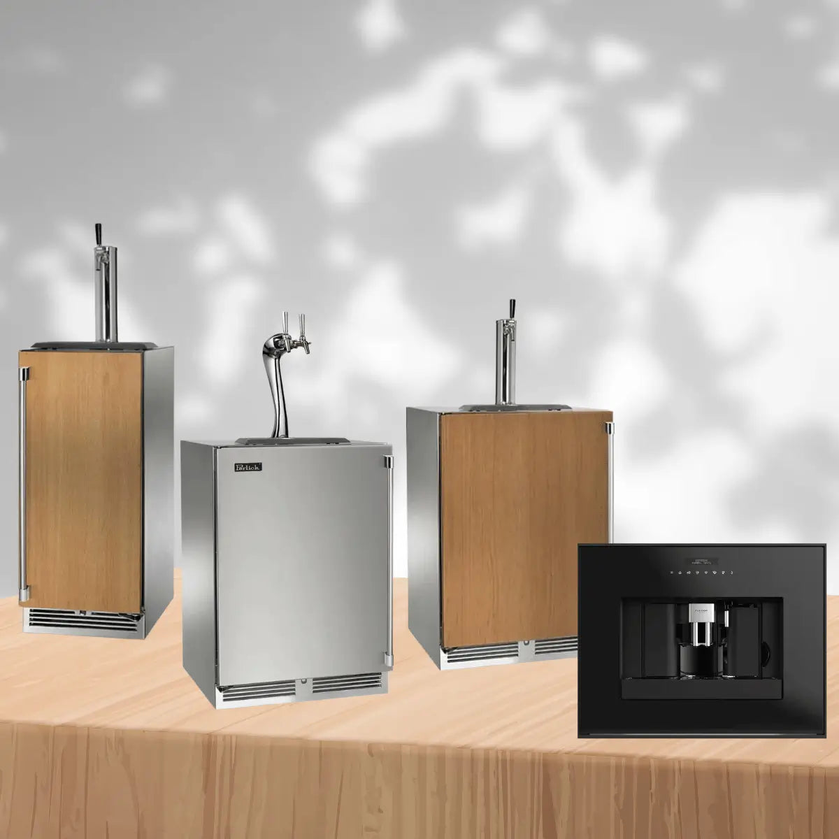Residential kegerators collection featuring stainless steel and wood panel beer dispensers with draft tap towers for home bars and entertainment spaces