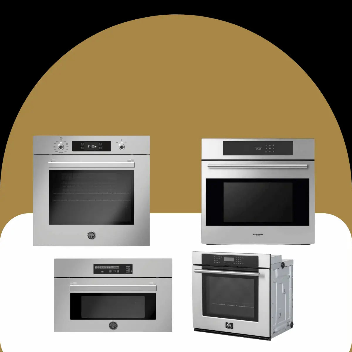 Residential ovens collection featuring stainless steel built-in wall ovens with digital touch controls, glass doors, and modern kitchen-ready designs.