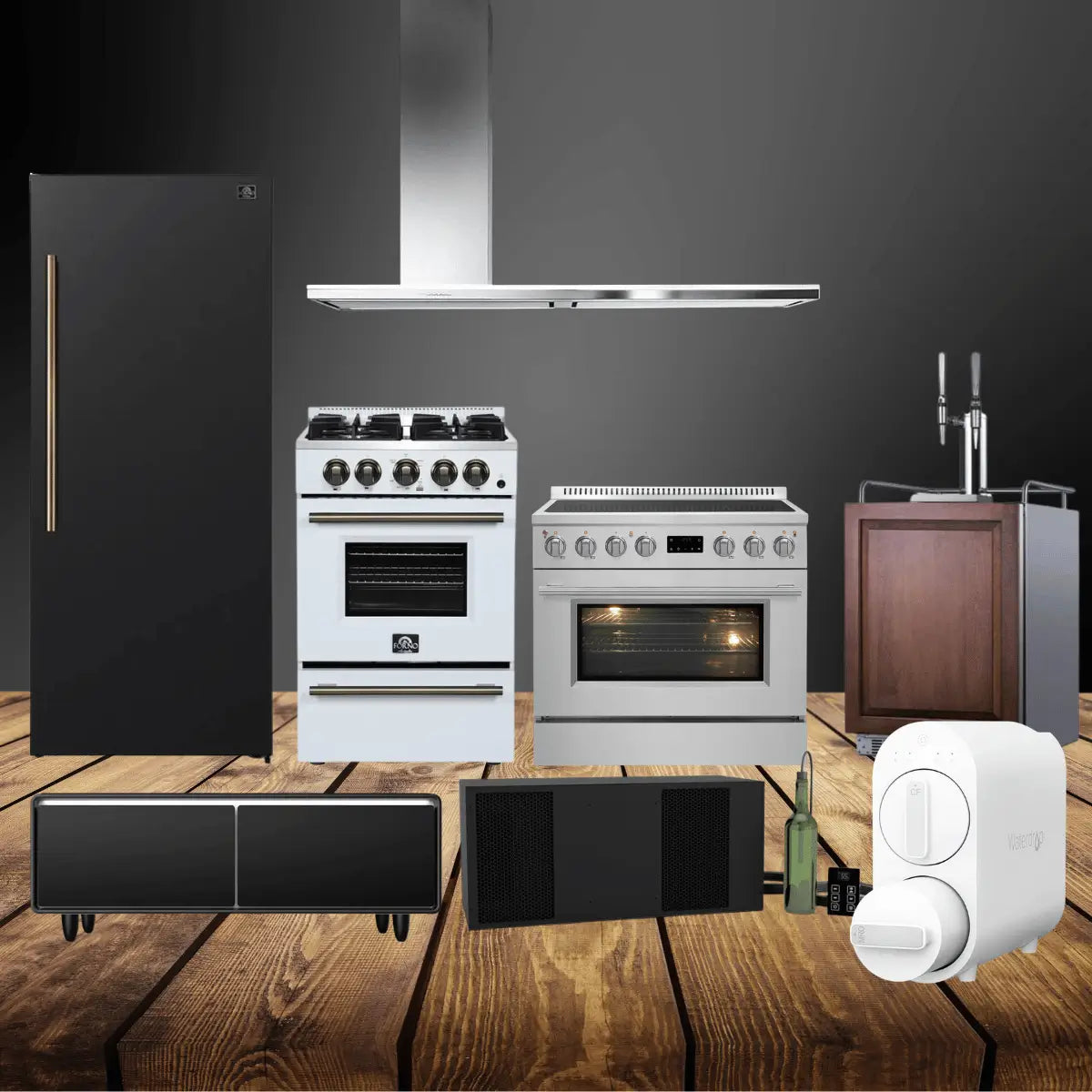 Residential products collection featuring refrigerator, ranges, range hood, beverage dispenser, wine cooling unit, and home appliances for modern living.