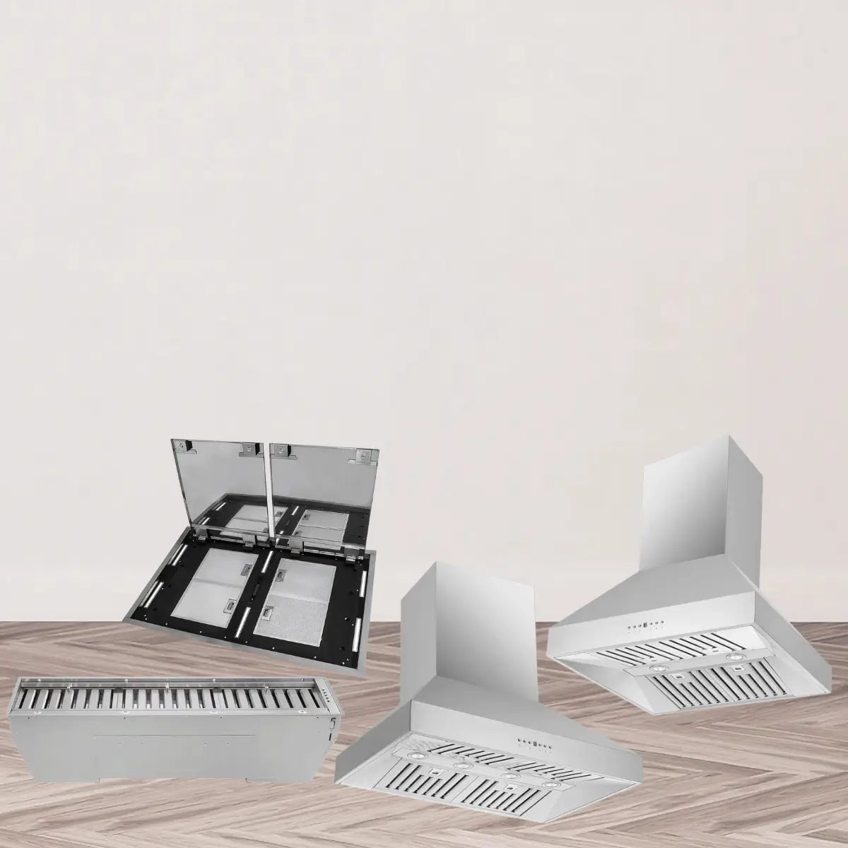 Residential range hoods collection featuring stainless steel insert, ceiling mount, and wall-mounted chimney-style kitchen ventilation hoods with baffle filters.