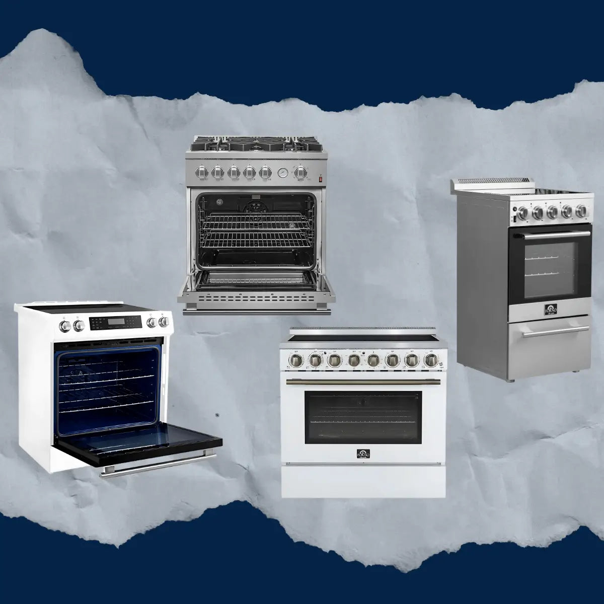 Residential ranges collection featuring white and stainless steel freestanding kitchen ranges, including single oven models with open interiors and smooth cooktops for modern home kitchens.