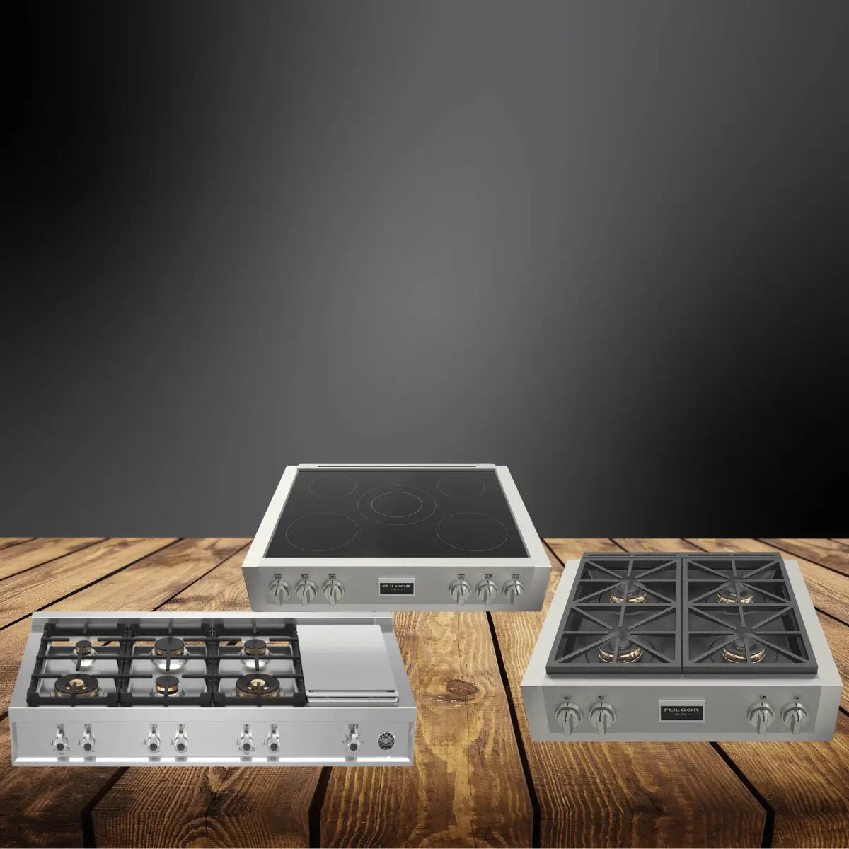 Residential rangetops collection featuring induction and gas cooktops with stainless steel finishes, control knobs, and multi-burner layouts displayed on a wooden countertop with a dark modern background.