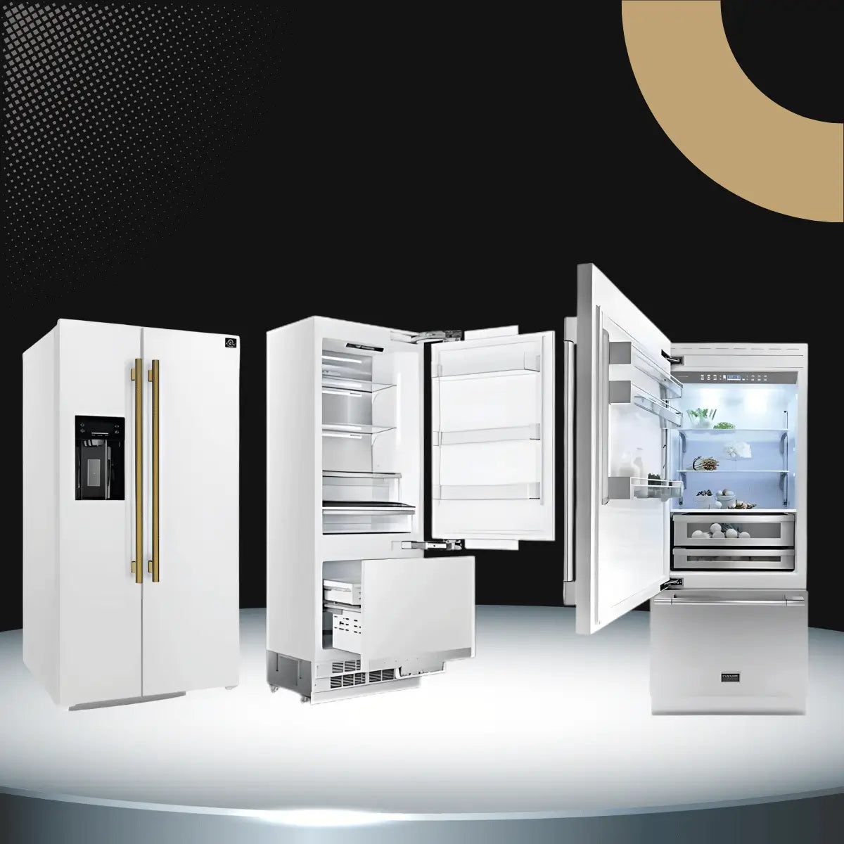 Residential refrigerators collection featuring side-by-side and French door refrigerators with water dispenser, adjustable shelves, and bottom freezer storage