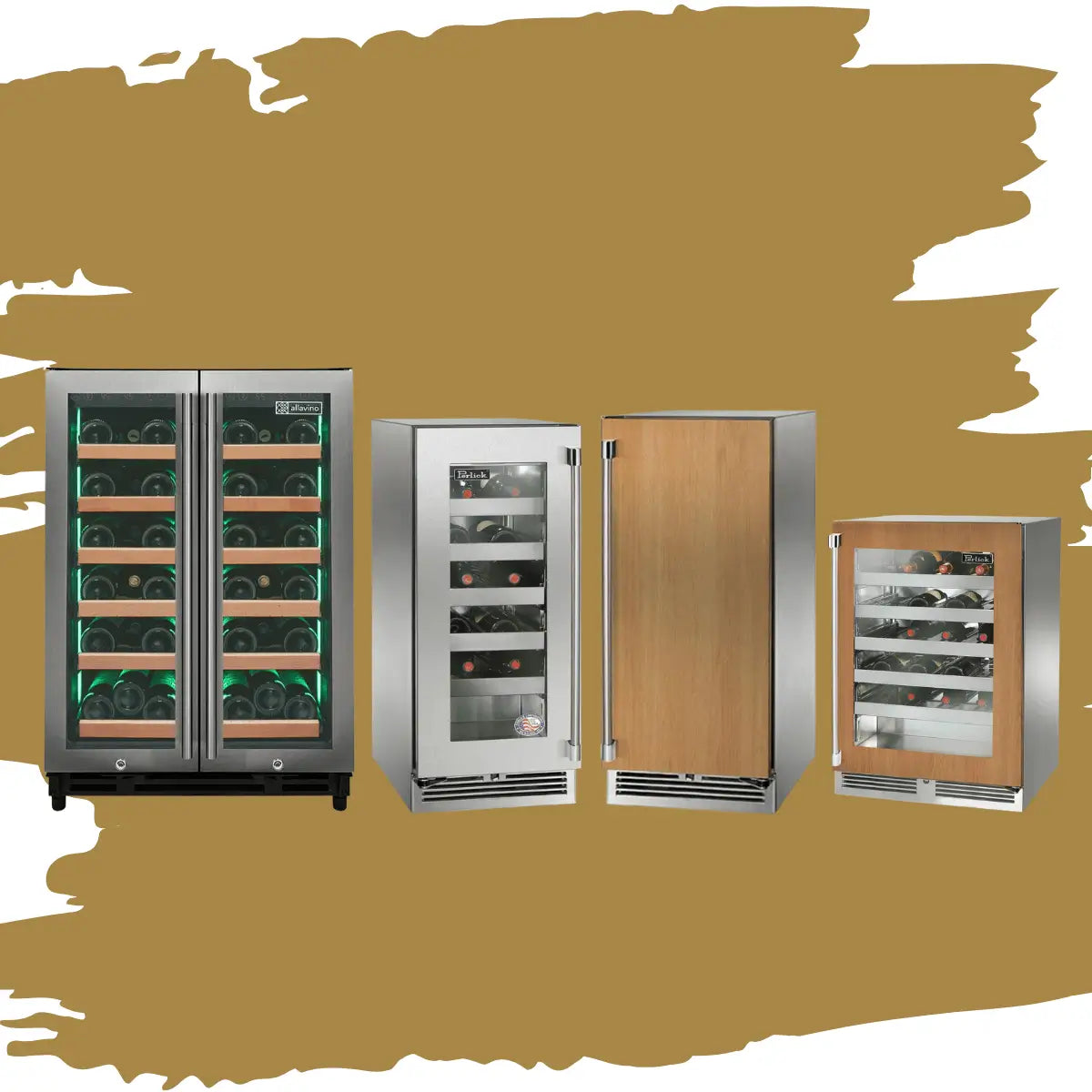 Residential wine coolers collection featuring stainless steel and wood-panel wine refrigerators with glass and solid doors, wooden shelves, LED lighting, and built-in or freestanding designs for home wine storage.
