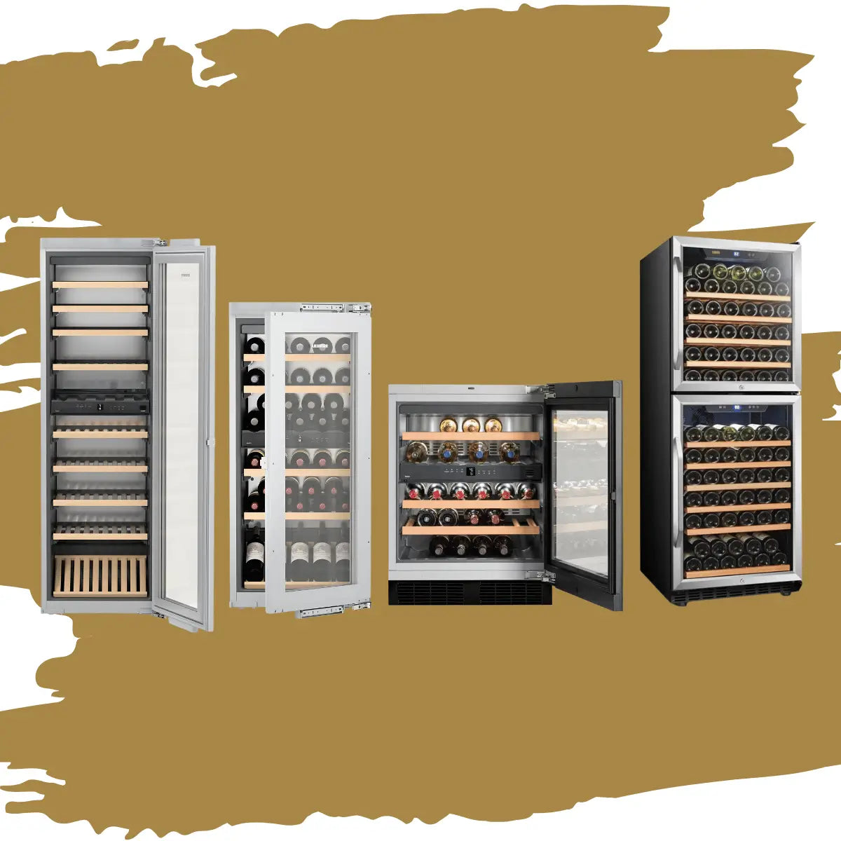 Reversible hinge wine coolers collection featuring stainless steel and wood-panel wine refrigerators with glass and solid doors, adjustable shelving, and flexible door swing options for built-in or freestanding home installation.