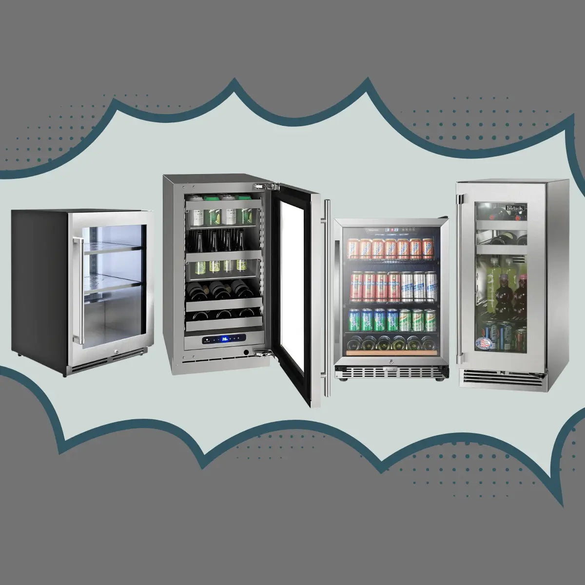 Right hinge beverage centers collection featuring stainless steel and glass-door compact drink refrigerators with right-swing doors for built-in kitchen and bar installations.