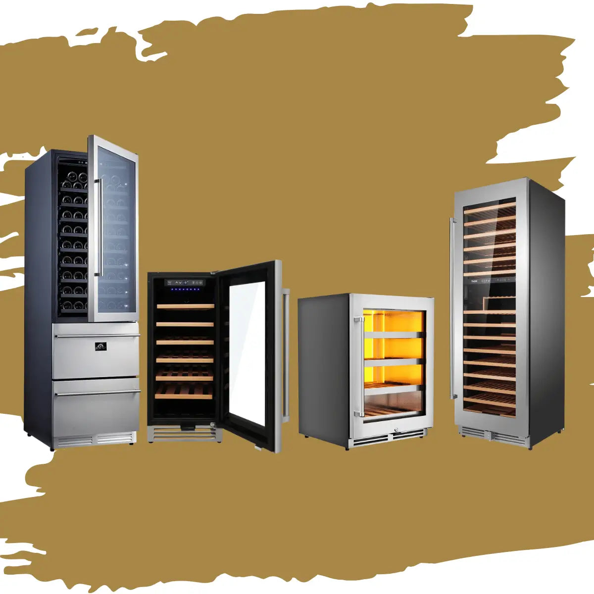 Right hinge wine coolers collection featuring stainless steel and glass-door wine refrigerators with right-side door swing, wooden shelves, LED lighting, and built-in or freestanding designs for residential wine storage.