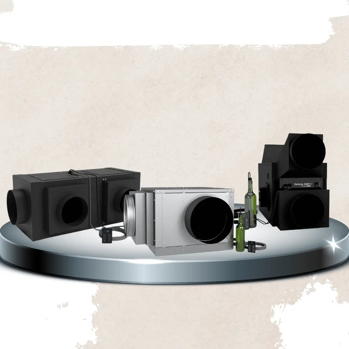 Self-contained ducted wine cellar cooling units collection featuring black and gray ducted cooling systems with round airflow vents and digital temperature controllers for remote wine cellar climate control.
