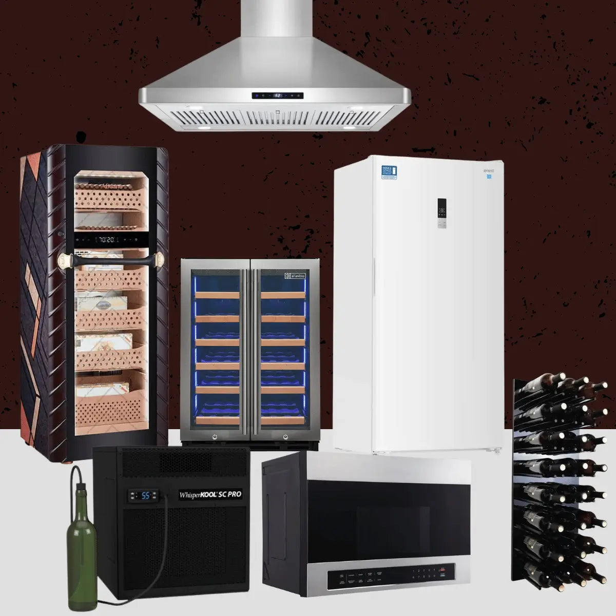 Shop all collection featuring wine coolers, cigar humidor, refrigerator, microwave drawer, wine cellar cooling unit, and premium kitchen appliances.