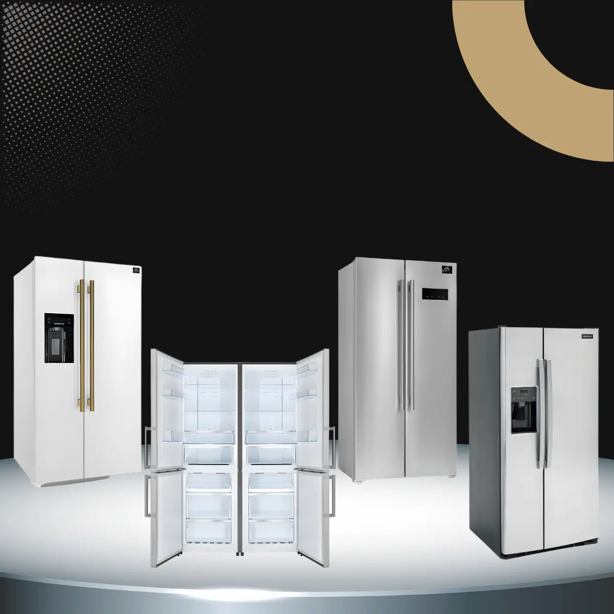 Side by side refrigerators collection featuring stainless steel refrigerators with vertical freezer and fridge compartments and built-in water dispensers for modern kitchens