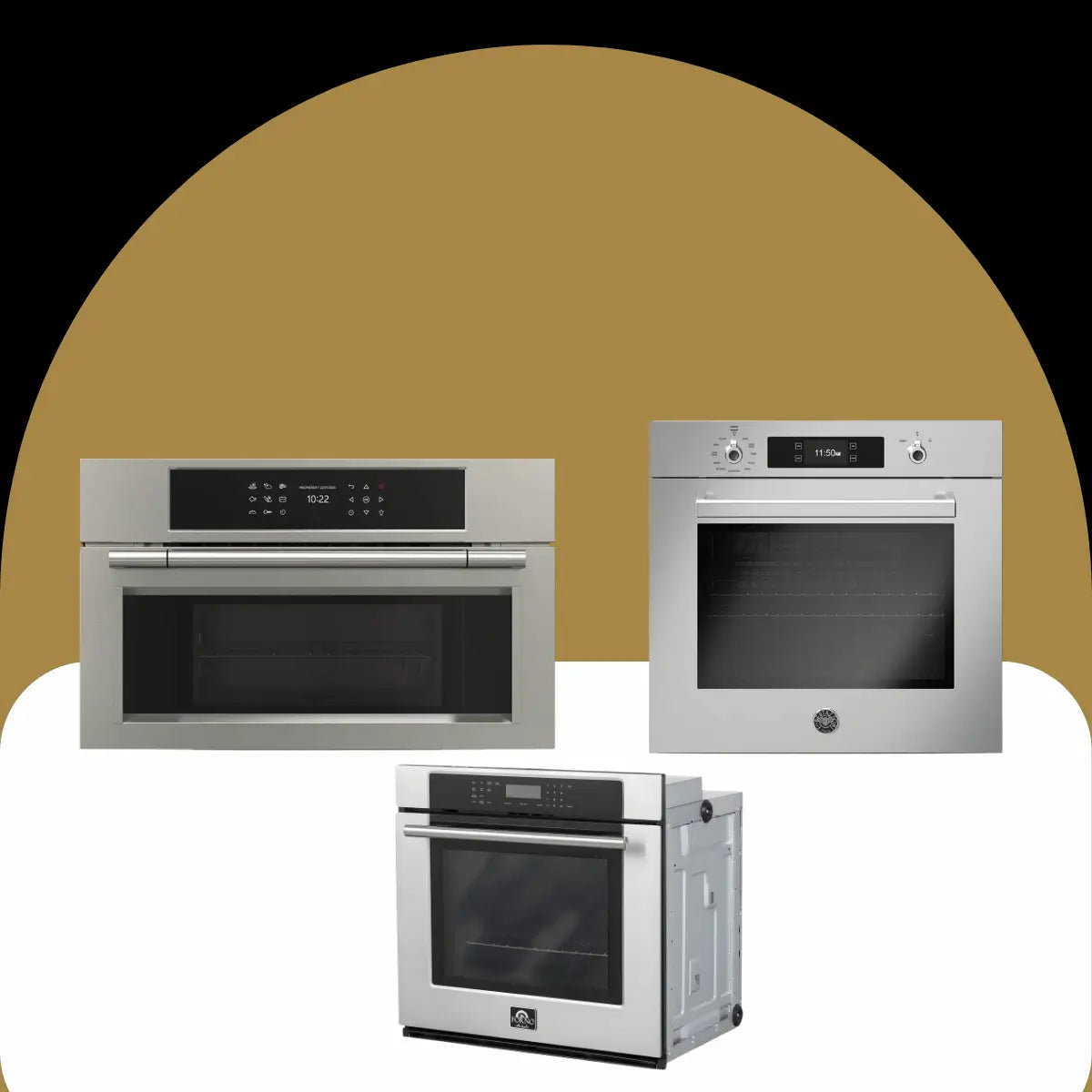 Single ovens collection featuring built-in stainless steel wall ovens with digital touch controls, glass viewing windows, and modern integrated designs for residential kitchens.