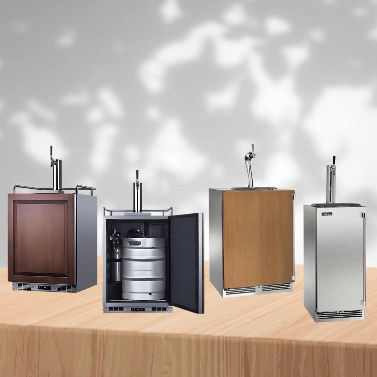 Single tap kegerators collection featuring stainless steel and wood panel beer dispensers with single draft towers for home bars and entertainment spaces