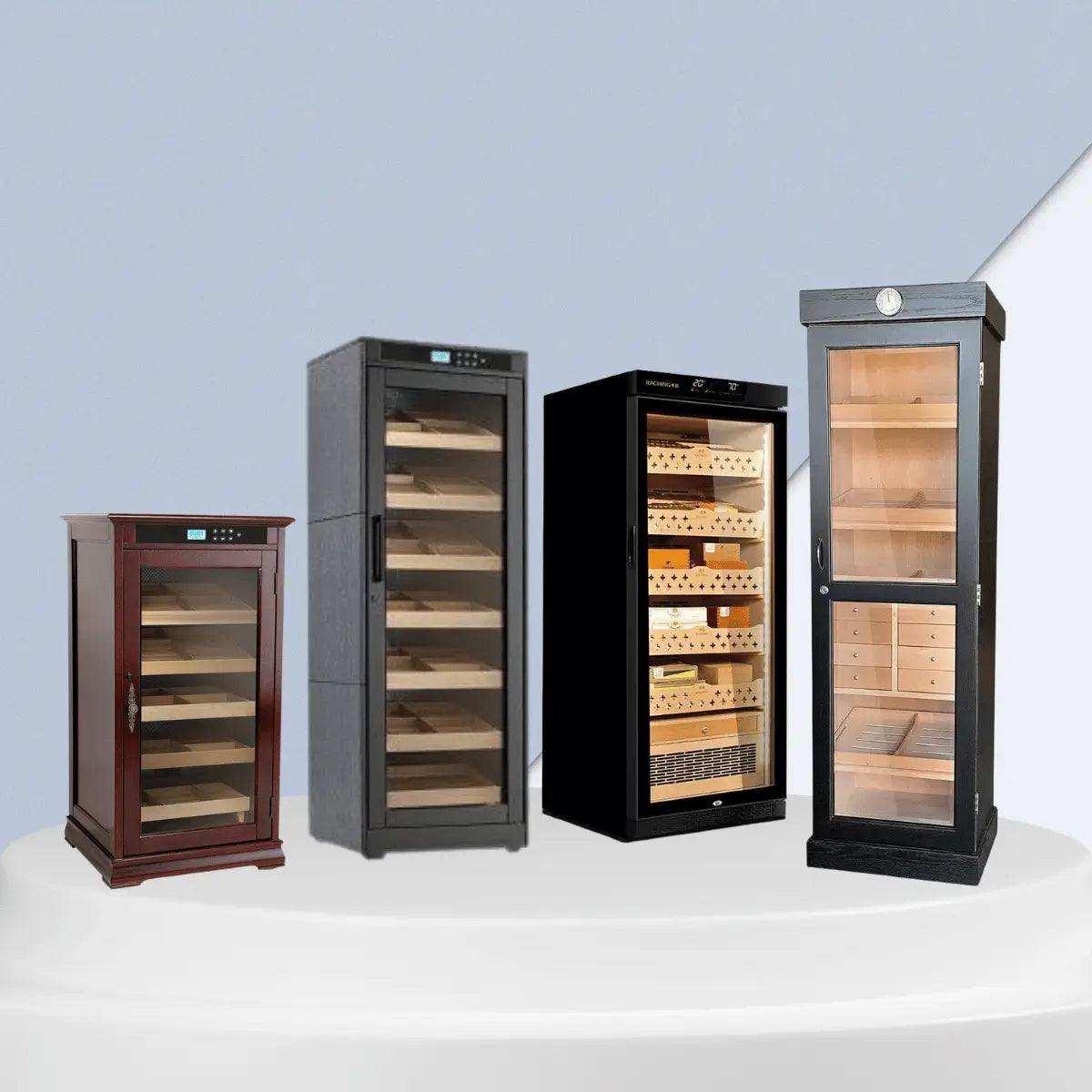 Single zone cigar humidors collection featuring wooden cabinets and glass door units with interior shelves for cigar storage