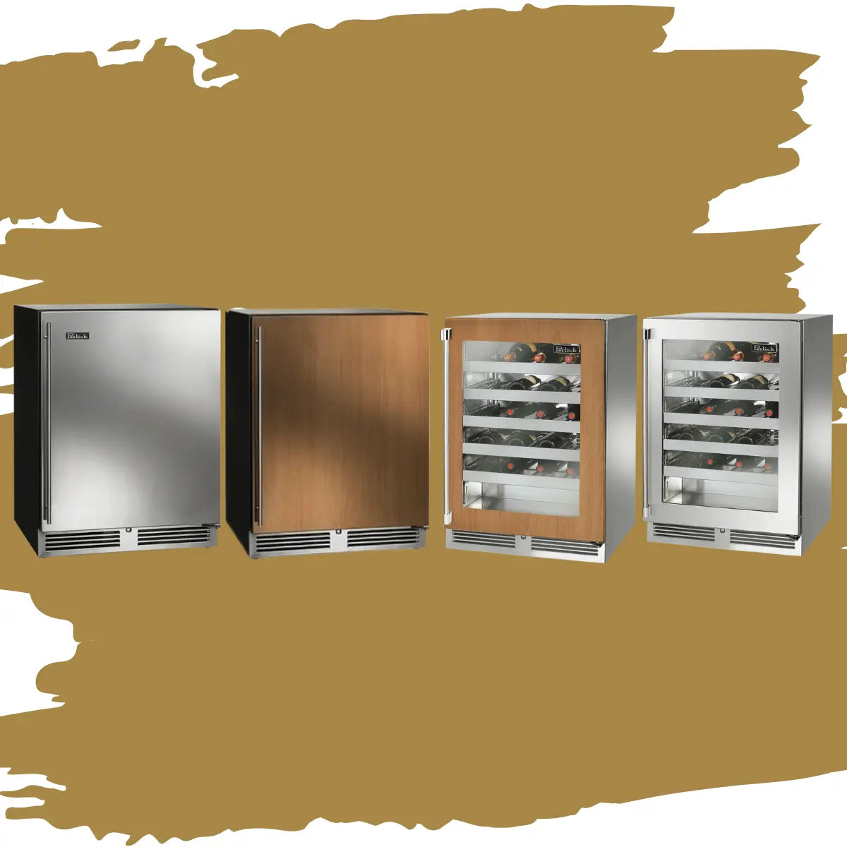 Single zone wine coolers collection featuring stainless steel and wood-panel wine refrigerators with glass and solid doors, adjustable shelving, and consistent temperature-controlled storage for home wine collections.