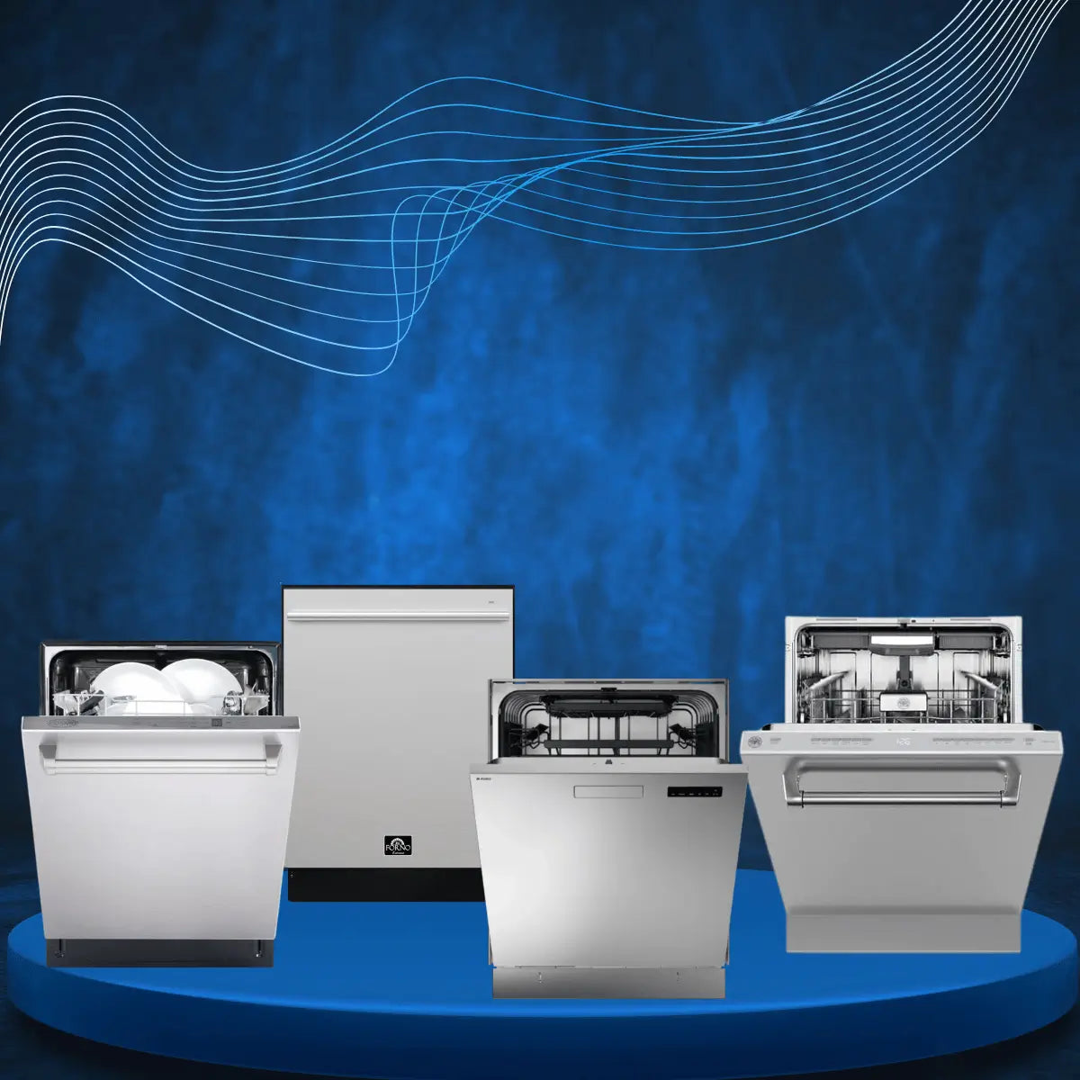 Small appliances collection featuring built-in dishwashers with open racks, modern stainless steel and white dishwasher units for compact kitchen cleaning solutions.