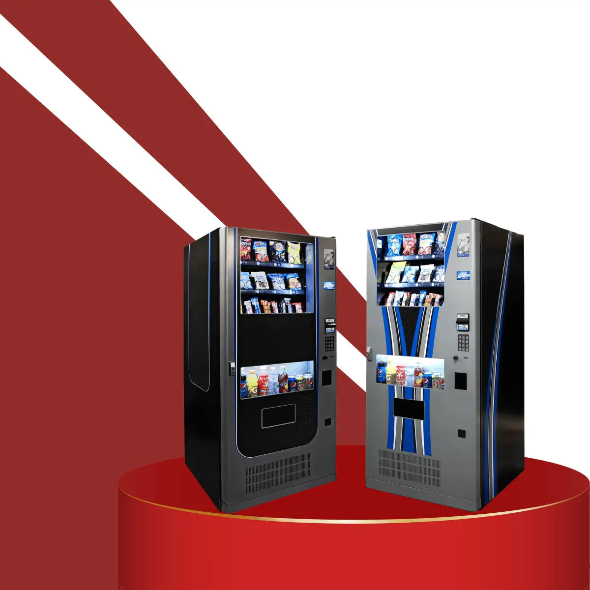 Snack and soda vending machines collection featuring two modern units with glass fronts, digital keypads, and illuminated displays stocked with chips, snacks, and bottled drinks on a red pedestal background.