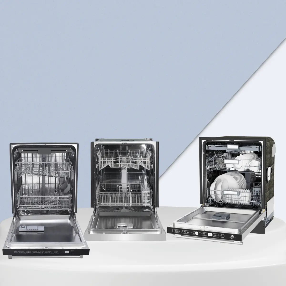 Stainless steel dishwashers collection with open doors showing multi-rack interiors, utensil holders, and modern kitchen appliance design