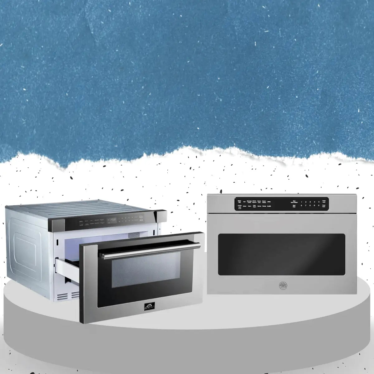 Stainless steel microwaves collection featuring built-in microwave ovens with digital controls and modern sleek kitchen design.