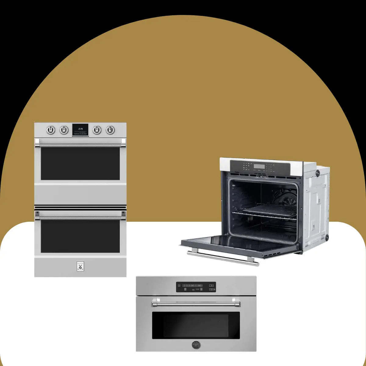 Stainless steel ovens collection featuring single and double built-in wall ovens with glass doors, digital controls, and modern stainless finishes for residential kitchens.