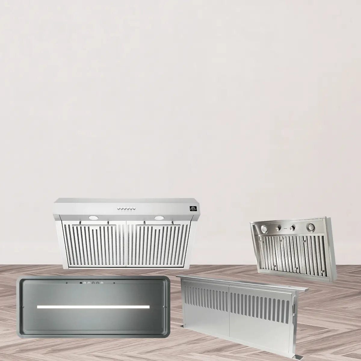 Stainless steel range hoods collection featuring wall-mounted, under-cabinet, insert, and professional-style kitchen ventilation hoods with durable brushed steel construction and baffle filters.