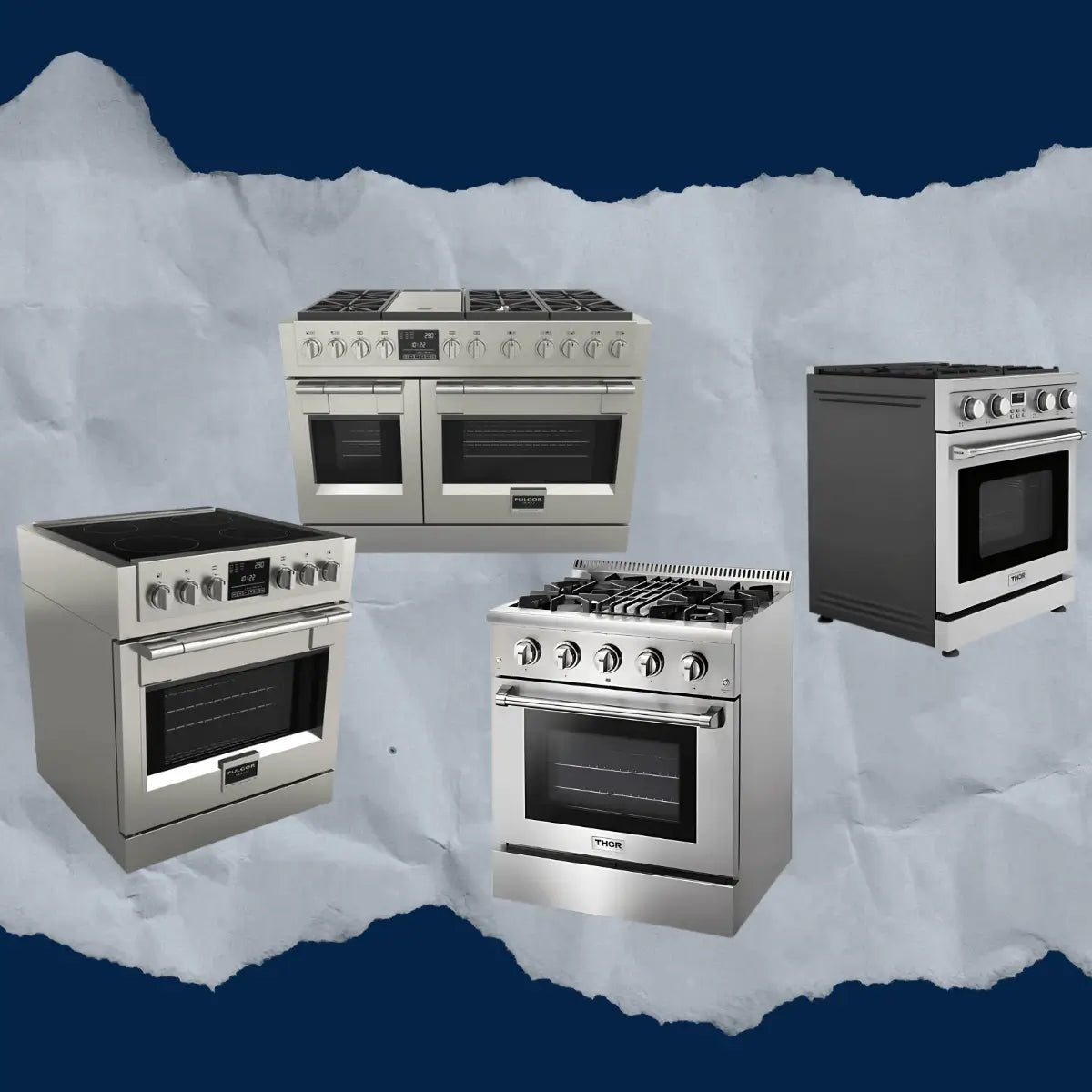Stainless steel ranges collection featuring freestanding gas and electric kitchen ranges with digital controls, single and double oven options, and modern residential cooking designs.