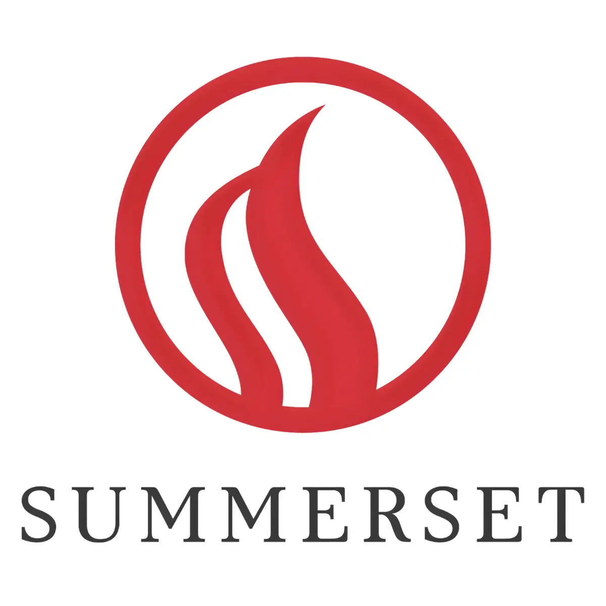 Summerset logo with red circular flame emblem above dark gray uppercase serif lettering on a light gray background.
