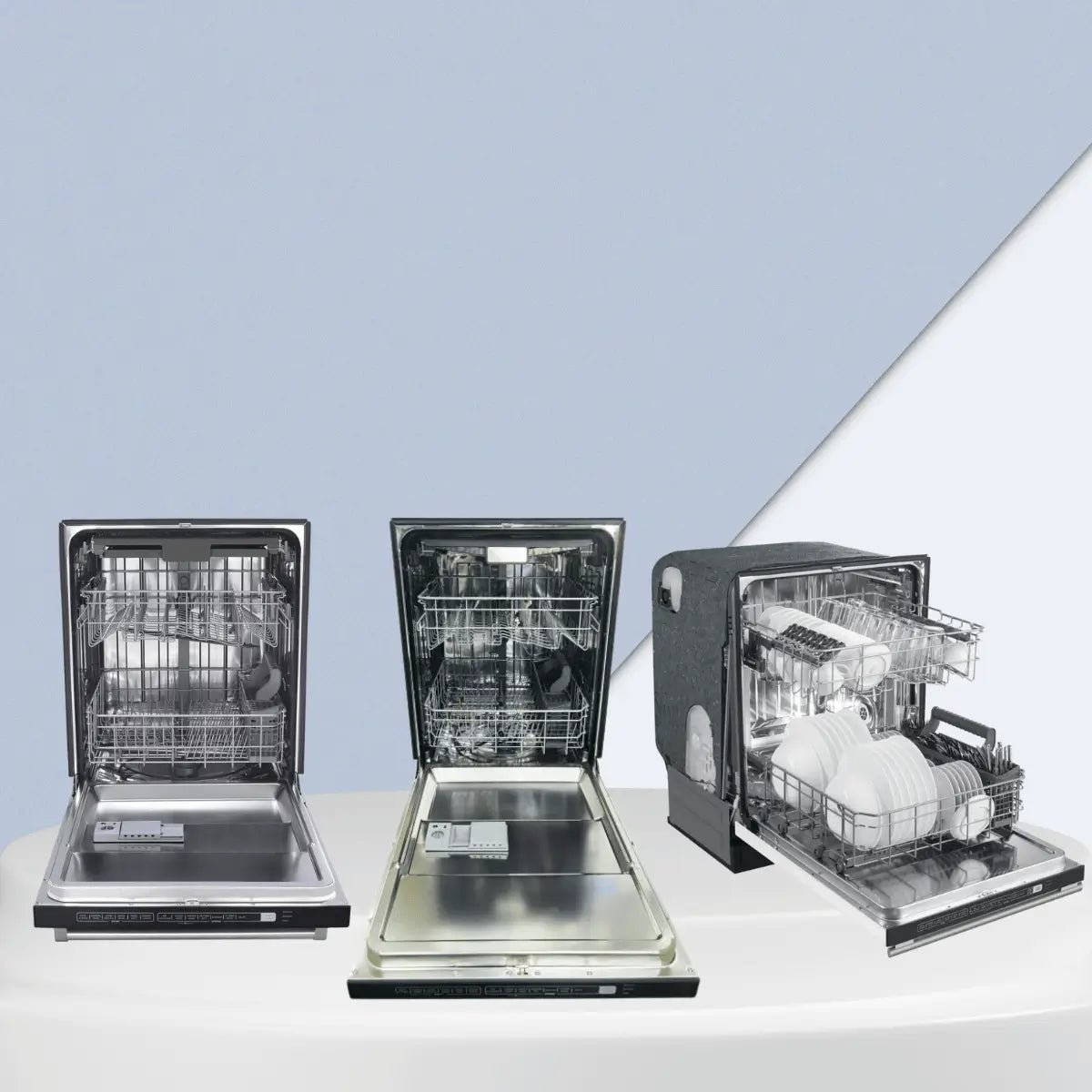 Open third rack dishwashers collection showing three modern units with stainless steel interiors, multi-level racks, and top third rack for utensils, displayed on a clean minimal background.