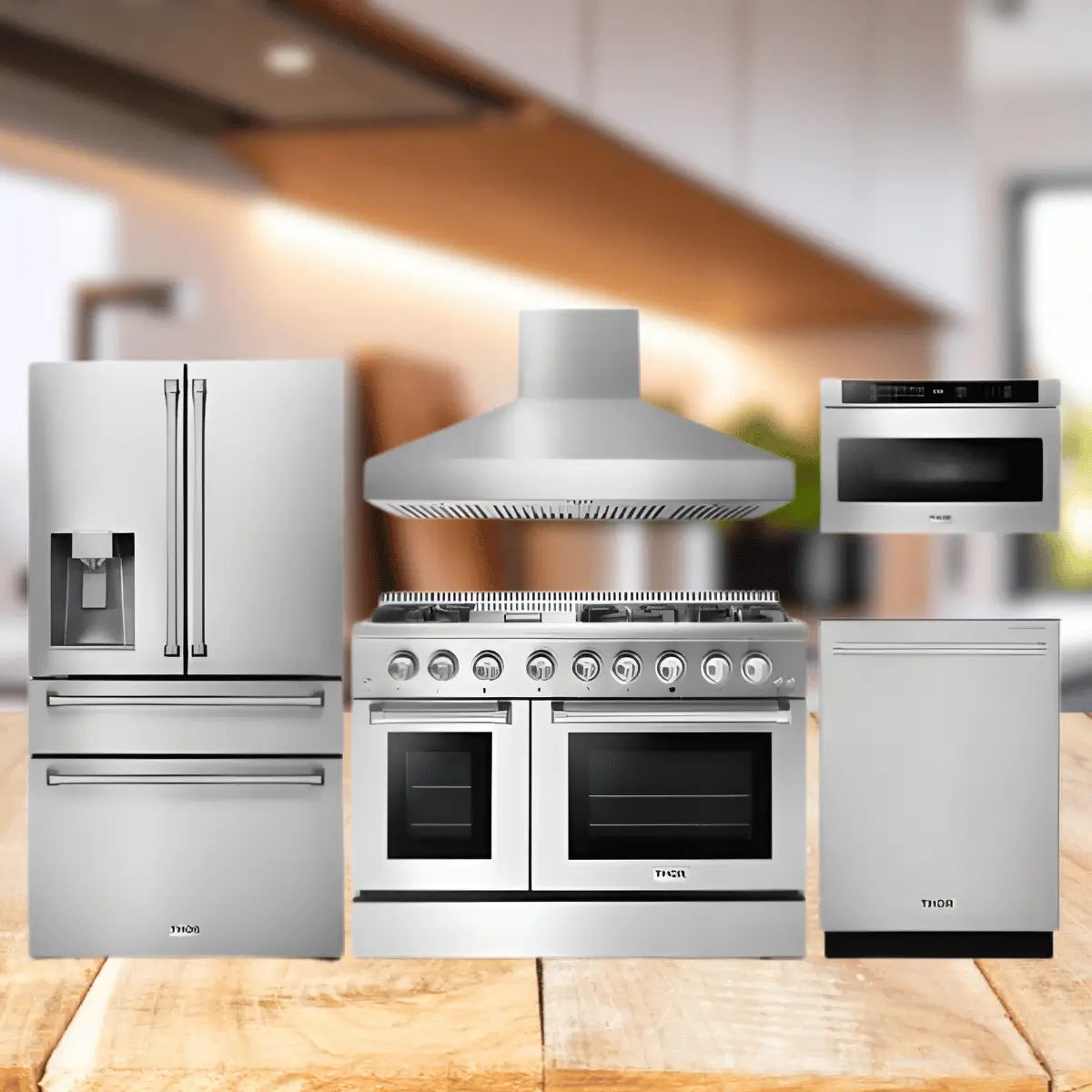Thor Kitchen appliance packages collection featuring stainless steel refrigerator, gas range, range hood, built-in microwave, and dishwasher for a complete modern kitchen setup.