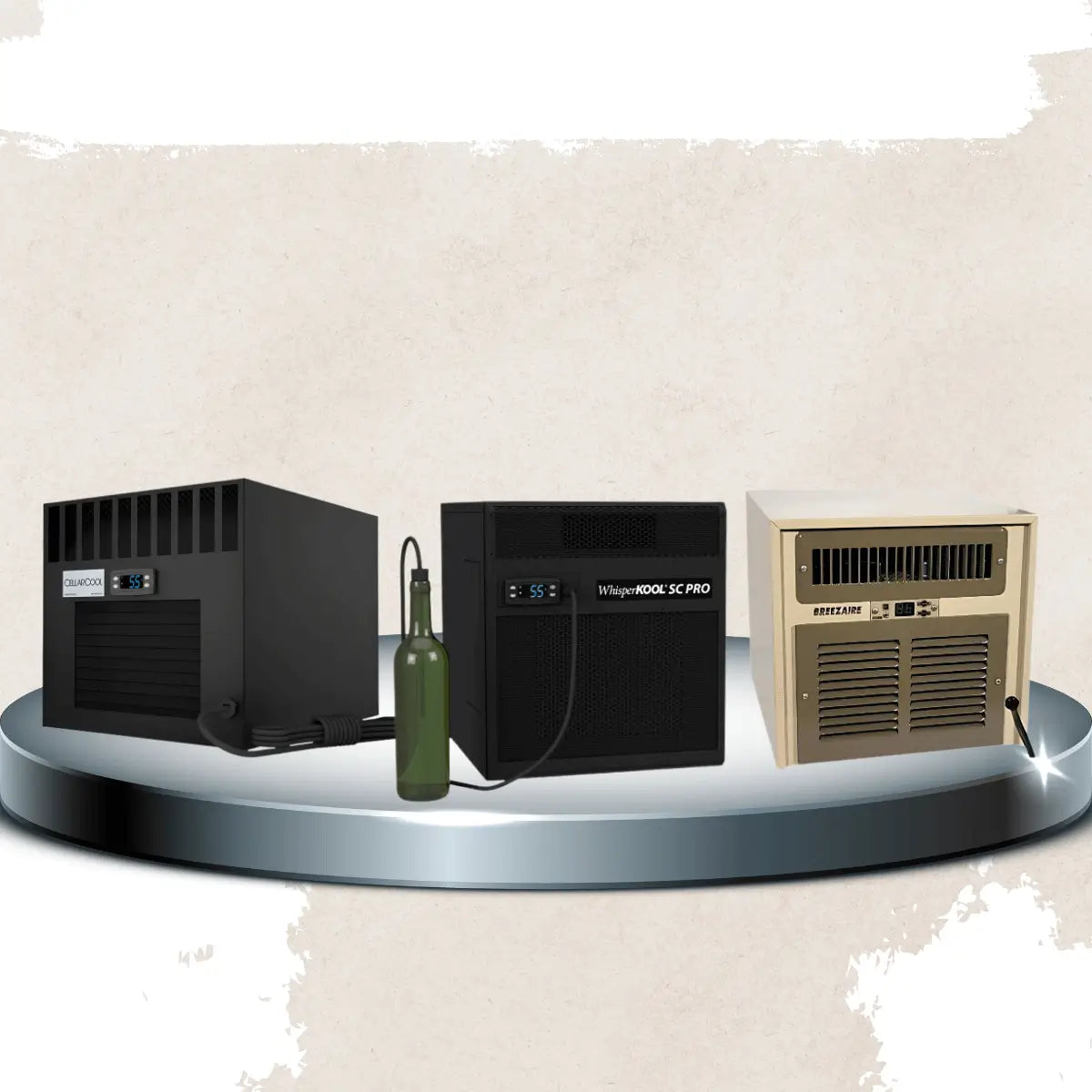 Under 500 cu. ft. wine cellar cooling units collection featuring compact through-the-wall systems from CellarCool, WhisperKOOL, and Breezaire with digital temperature controls for small wine cellar climate management.