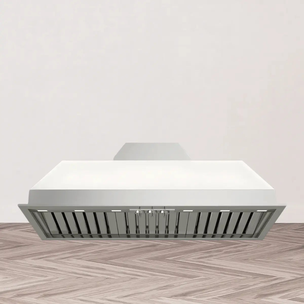 Under cabinet range hoods collection featuring a stainless steel kitchen hood with wide rectangular canopy, baffle filters, and integrated LED lighting for efficient ventilation.