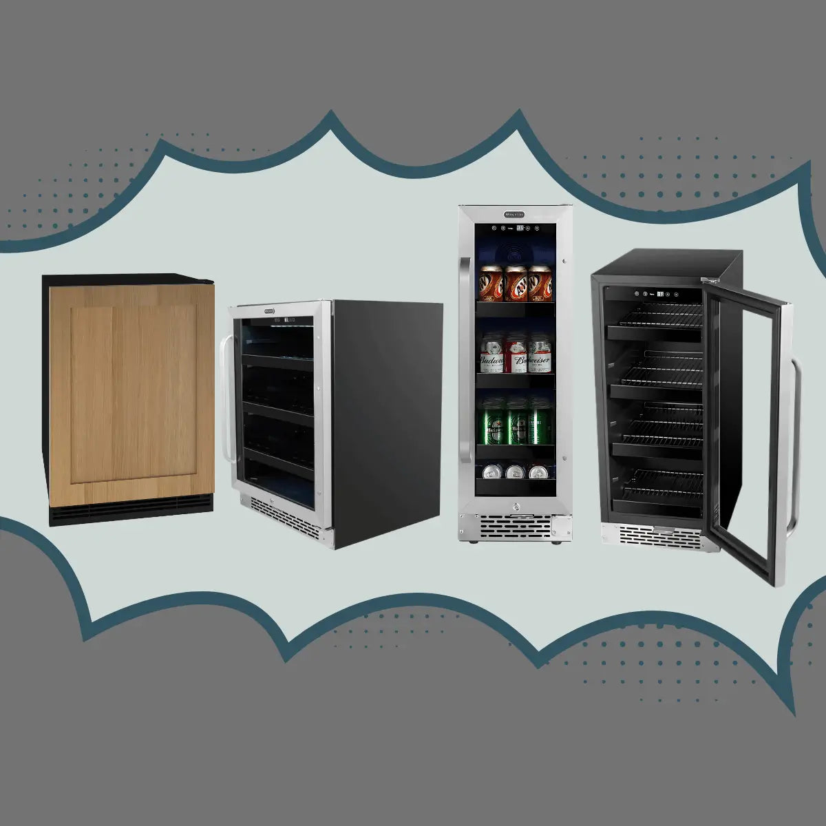 Undercounter beverage centers collection featuring stainless steel, glass-door, black, and panel-ready compact drink refrigerators for built-in kitchen and bar installations.