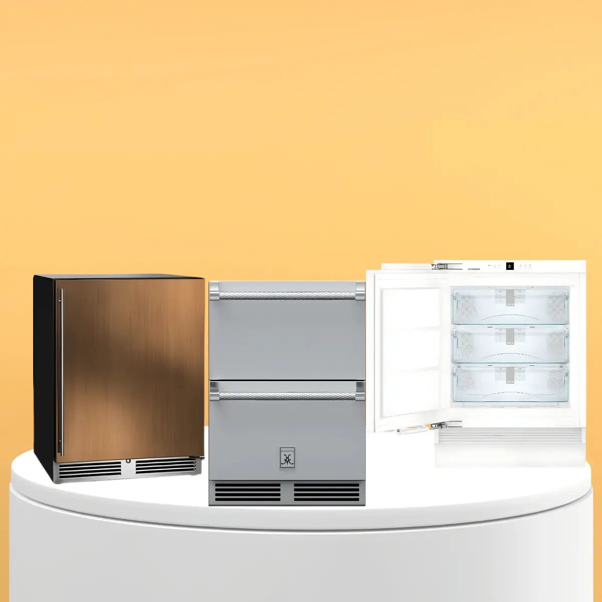 Undercounter freezers collection featuring panel-ready, stainless steel double-drawer, and built-in compact freezer units designed for below-counter kitchen installation.