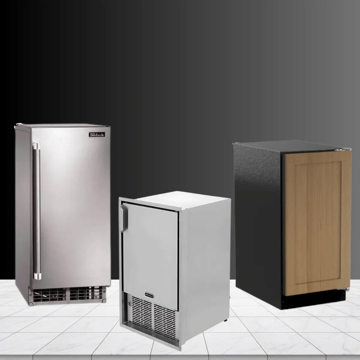 Undercounter ice makers collection featuring stainless steel and panel-ready built-in ice machines with front ventilation for seamless kitchen and bar installation.