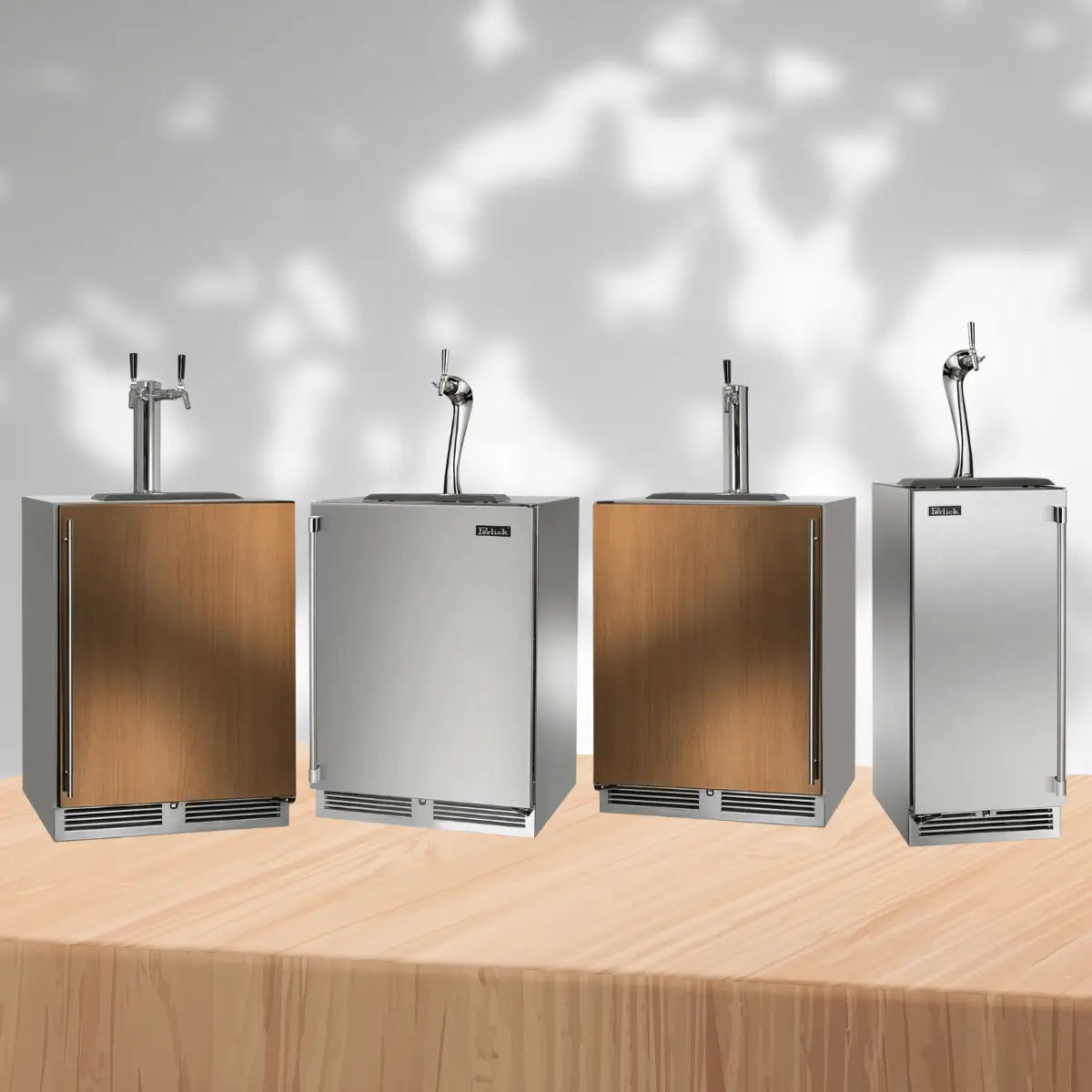 Undercounter kegerators collection featuring stainless steel and wood panel built-in beer dispensers with single and dual tap draft towers