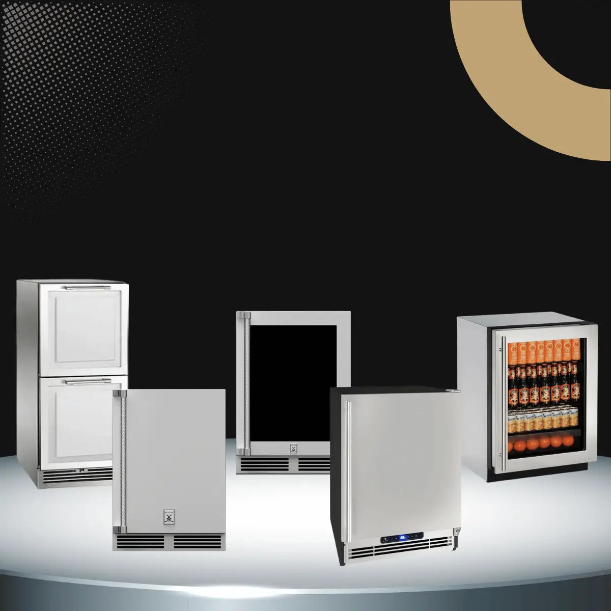 Undercounter refrigerators collection featuring compact stainless steel and glass door refrigerators designed for kitchen islands, bars, and built-in cabinetry