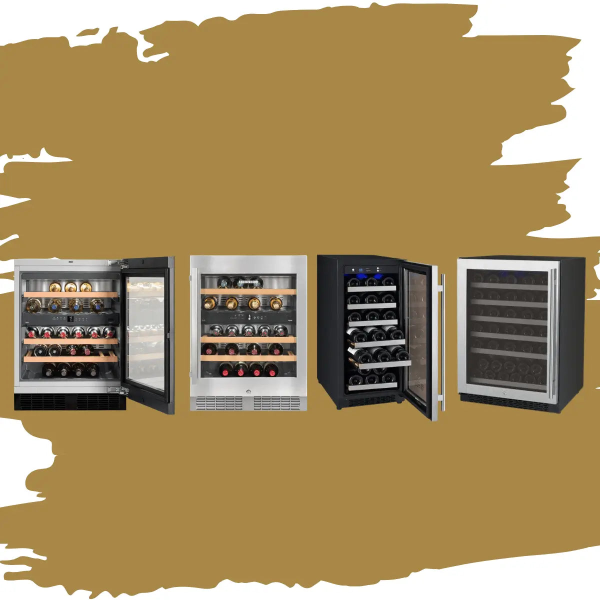 Undercounter wine coolers collection featuring stainless steel and black glass-door wine refrigerators with sliding wooden shelves, LED lighting, and compact built-in designs for kitchen or bar installation.