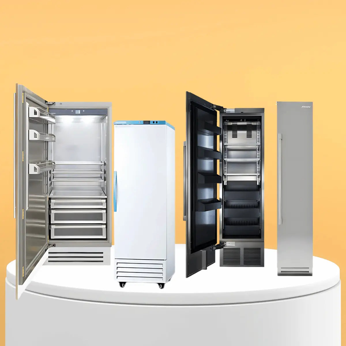 Modern upright freezers collection featuring stainless steel and built-in freezer units with glass doors and digital controls for residential kitchen use.