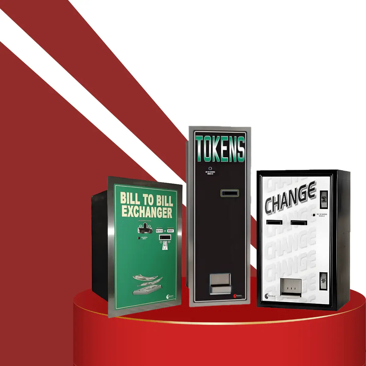 Vending machines collection featuring bill exchangers, token machines, and change dispensers with digital interfaces and bold labels, displayed on a red pedestal background.