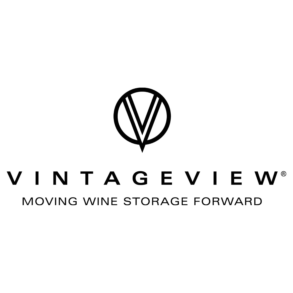 VintageView logo with circular V emblem above bold uppercase VINTAGEVIEW text and tagline “Moving Wine Storage Forward” on a light gray background.