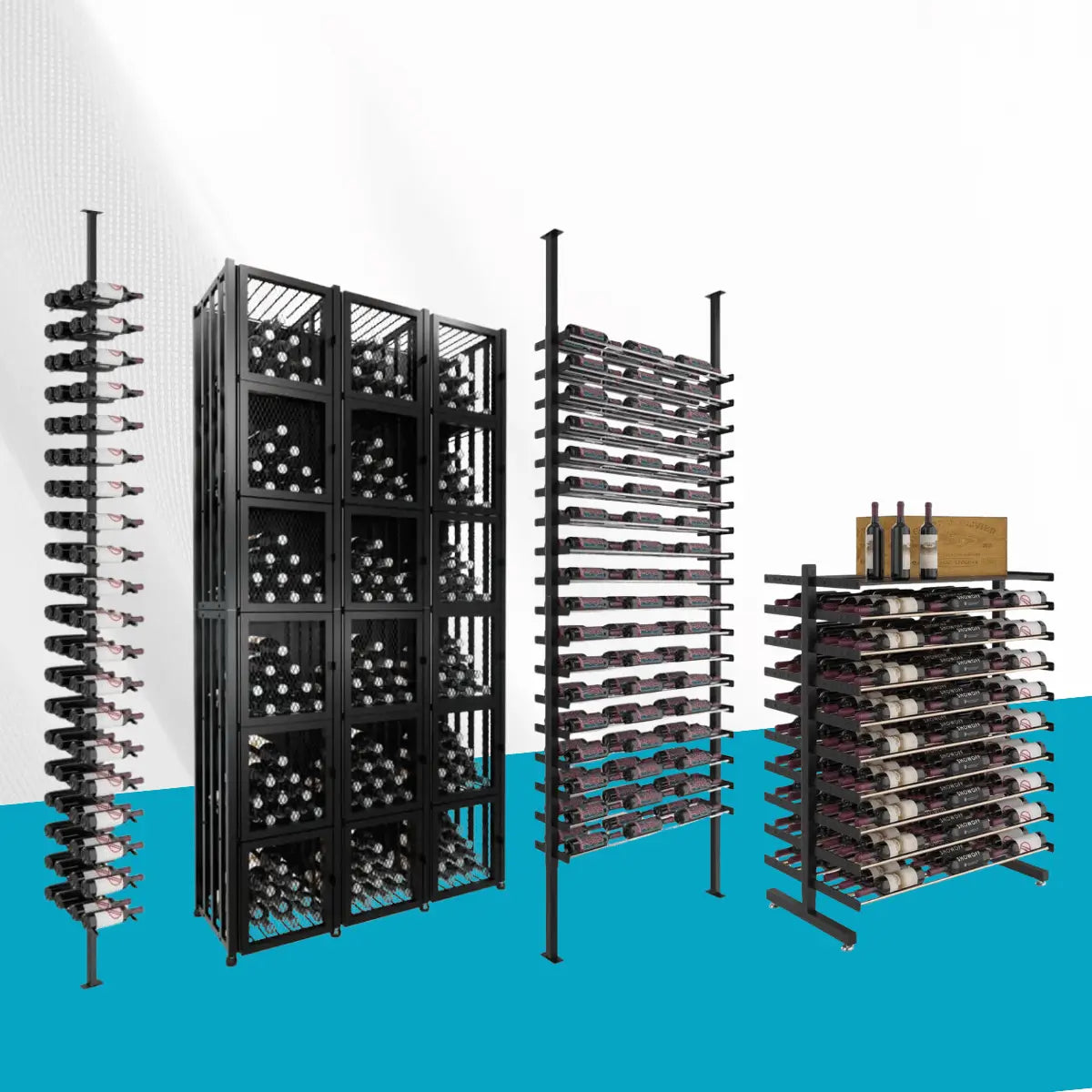 VintageView wine racks collection featuring wall-mounted, freestanding, and modular metal wine racks with label-forward bottle storage.